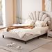 Far Ahead Theme Full Size Velvet Platform Bed Upholstered Bed with Flowers Shaped Headboard, Wood Slat Platform Bed, Beige