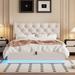 Queen Size Hydraulic Storage Platform Bed with LED Light Controller, Linen Upholstered Platform Bed with Tufted Headboard, Beige