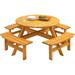 8 Person Wooden Picnic Table Outdoor Round Picnic Table with Umbrella Hole and 4 Built-In Benches Outside Picnic Table And Bench Set for Garden Backyard Patio 500lbs Capacity Per Bench (Natural)