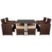 Sythers Tempered Glass Table 9 Pieces Wood Grain PE Wicker Rattan Dining Ottoman Patio Furniture Set