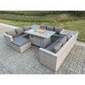 Fimous Light Grey U Shape Lounge Sofa Dining Set With Gas Heater Fire pit Burner With 2 PC Side Coffee Tea Table Footstool