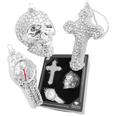 Christbaumschmuck KREBS GLAS LAUSCHA "Glasornamente Set "Sub Culture Xmas", mit Strassteinen, 8 cm bis 13 cm", silber (silberfarben), Glas, Weihnachtsbaumschmuck, Weihnachtsdeko, Weihnachtsbaumkugel, Christbaumkugeln aus Glas Image