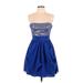 Aqua Cocktail Dress - A-Line Open Neckline Sleeveless: Blue Print Dresses - Women's Size 6