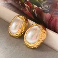 Oval Hammered Metal Imitation Pearl Earrings For Women Copper Luxury Design Post Studs Fashion