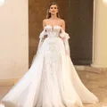 Luxus Meerjungfrau Brautkleider Dicken Staps Abnehmbare Zug 2 In 1 Spitze Applique Hochzeit Kleider