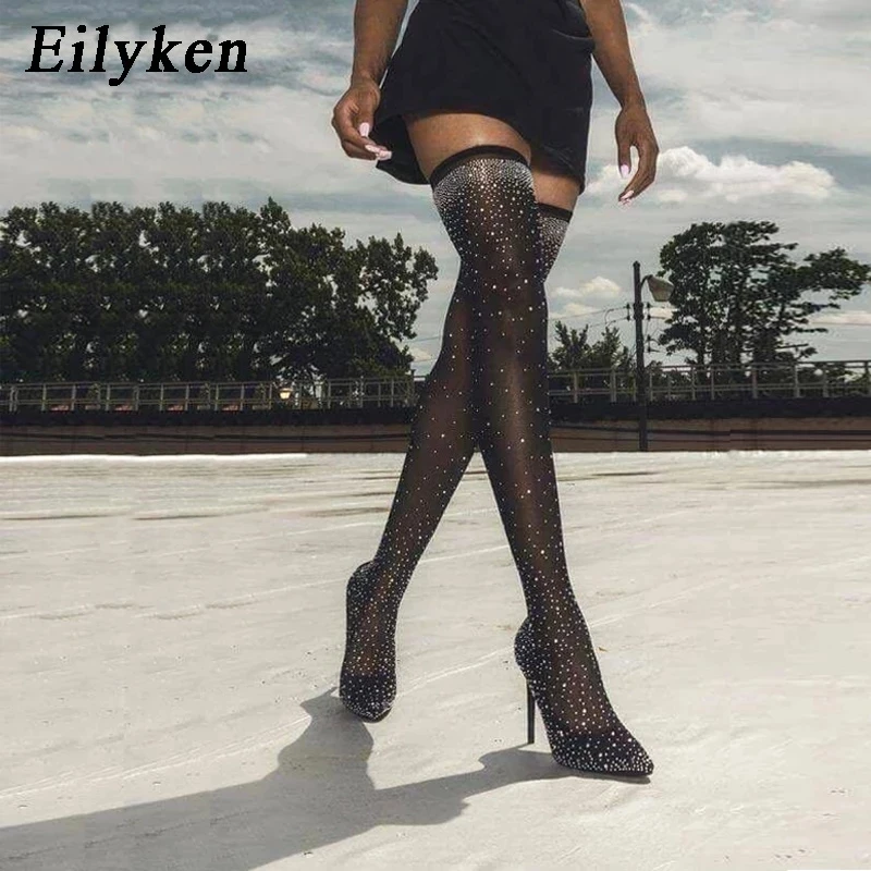 Eilyken Design Kristall Strass Stretch Stoff Sexy High Heels Socke Overknee Stiefel Spitz Pole Dance Frauen Schuhe