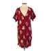 Madewell Casual Dress - Mini Plunge Short sleeves: Burgundy Print Dresses - Women's Size Small