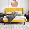Red Barrel Studio® Toderick Platform Bed w/ Deluxe Wingback & Linen Blend Upholstered/Metal in Yellow | 44.9 H x 57.1 W x 77.4 D in | Wayfair