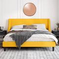 Red Barrel Studio® Toderick Platform Bed w/ Deluxe Wingback & Linen Blend Upholstered/Metal in Yellow | 41.3 H x 79.5 W x 81.7 D in | Wayfair