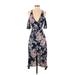 Flynn Skye Casual Dress - Midi Plunge 3/4 sleeves: Blue Floral Dresses - Women's Size X-Small