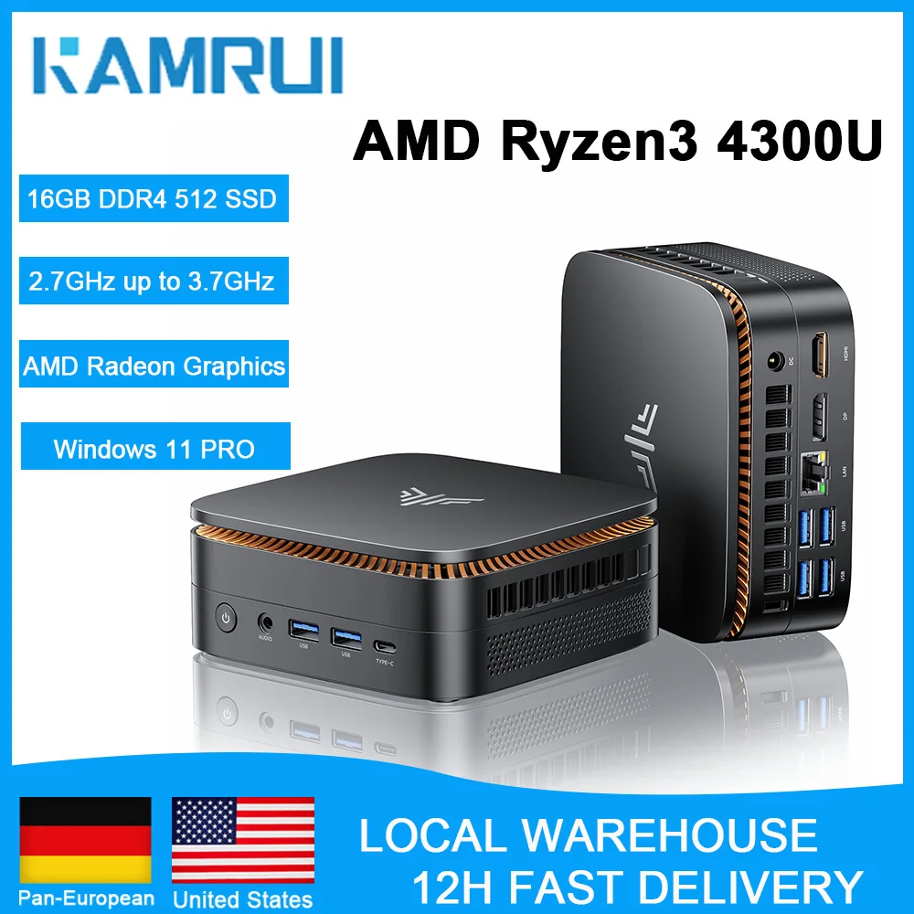 KAMRUI AMD R3 4300U 3,7 GHz Mini-PC 16 GB DDR4 512 GB SSD Mini-Computer 2,4 + 5 G WiFi/BT4.2 4K@60 Hz UHD Desktop-PC Win11p für Büro Image