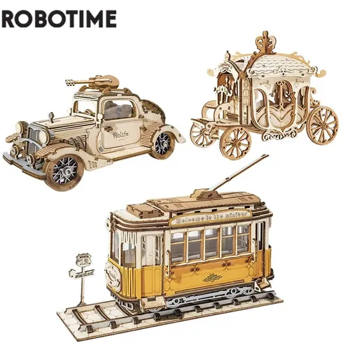 Robotime 3 Arten DIY 3D Transport Holz Modell Gebäude Kits Vintage Auto Straßenbahn Wagen Spielzeug