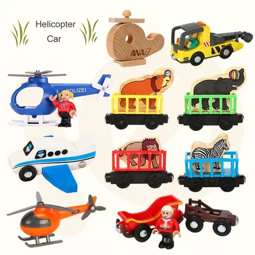 Holz Magnetischen Zug Flugzeug Holz Eisenbahn Hubschrauber Auto Lkw Zubehör Spielzeug Für Kinder Fit