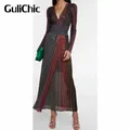 8.28 GuliChic Women Temperament V-Neck Colorful Striped Bright silk Design Collect Waist Slim Split