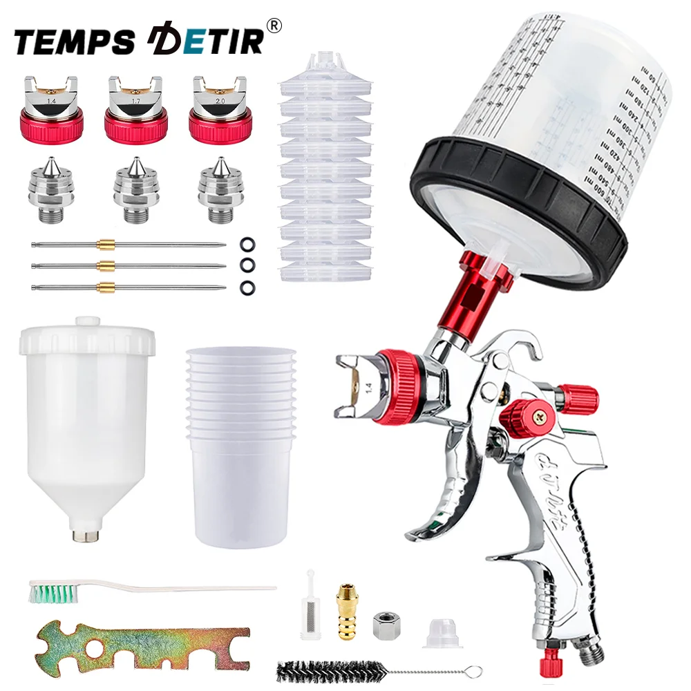 HVLP Spray Gun Automotive Gravity Feed Painting Tool with 10Pcs 600ML Disposable Paint Cups 1.4/1.7/2.0MM Nozzle for Auto & Home