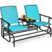 2 Person Swing Glider Chair Patio Rocking Loveseat w/Center Tempered Glass Table Outdoor Swing Bench w/Steel Frame & Breathable Mesh Fabric for Porch Balcony Poolside (Turquoise)