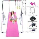 Adjustable Height Gymnastics Bar for Kids Kip Bar Set 6 x2 Gymnastic Tumble Mat Swing Seat 2 Trapeze Rings Junior Training Bar Monkey Bars Home Fitness Gymnastics Horizontal Balance Bar (Pink)