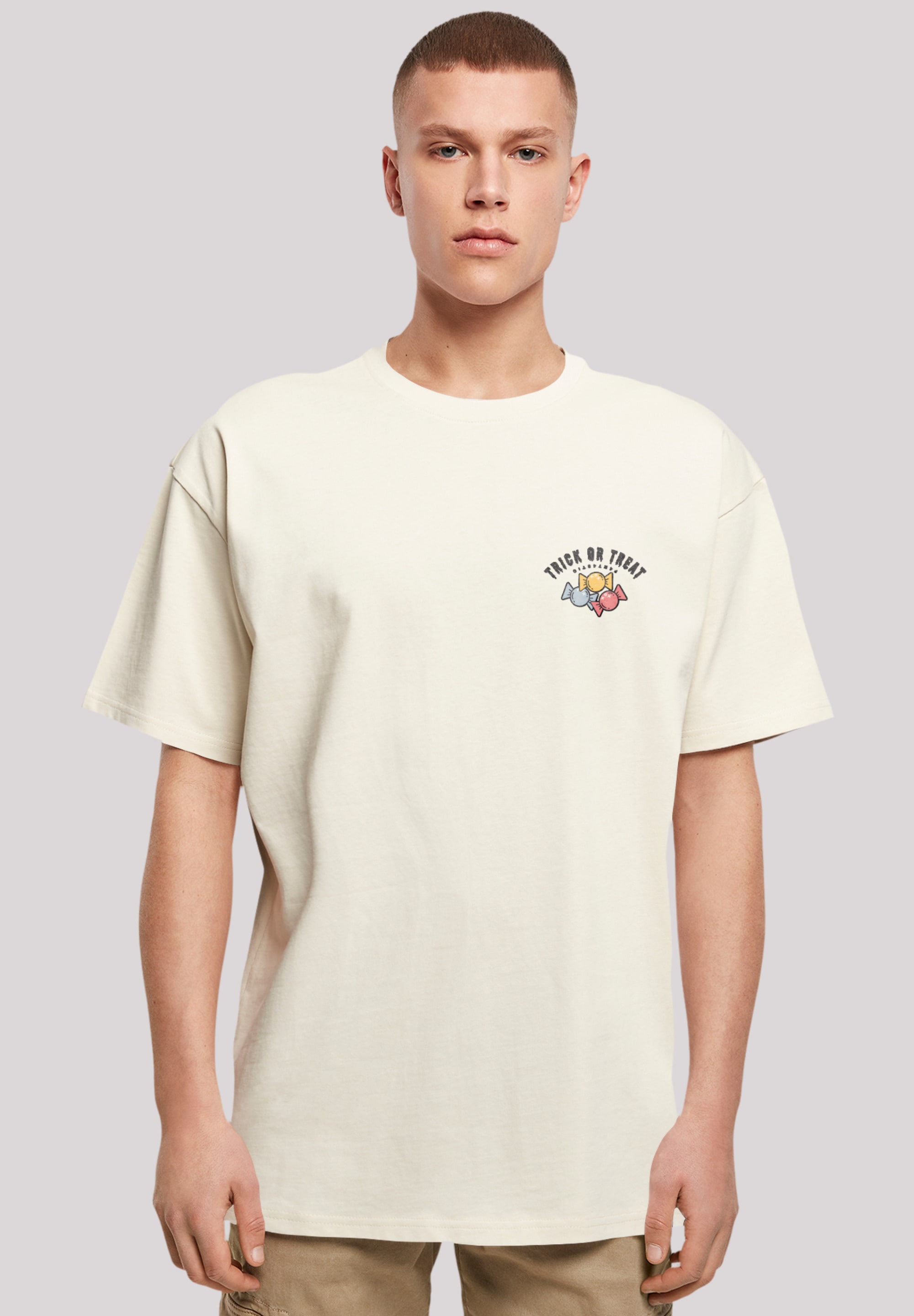 T-Shirt F4NT4STIC "Trick Or Treat Halloween", Herren, Gr. S, beige (sand), Obermaterial: 100% Baumwolle, oversize, Rundhals, ohne Bündchen, Shirts, Print Image