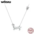 WOSTU Solido Argento Sterling 925 Carino Bassotto Cane Collana con ciondolo S925 Animale Domestico Zampa Zircone Collegamenti Collana Ragazza Regalo di compleanno