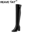 REAVE CAT Sexy Ladies Mid Block Heel Over Knee Boots 51cm Zip PU Leather Water Proof Big Size 52
