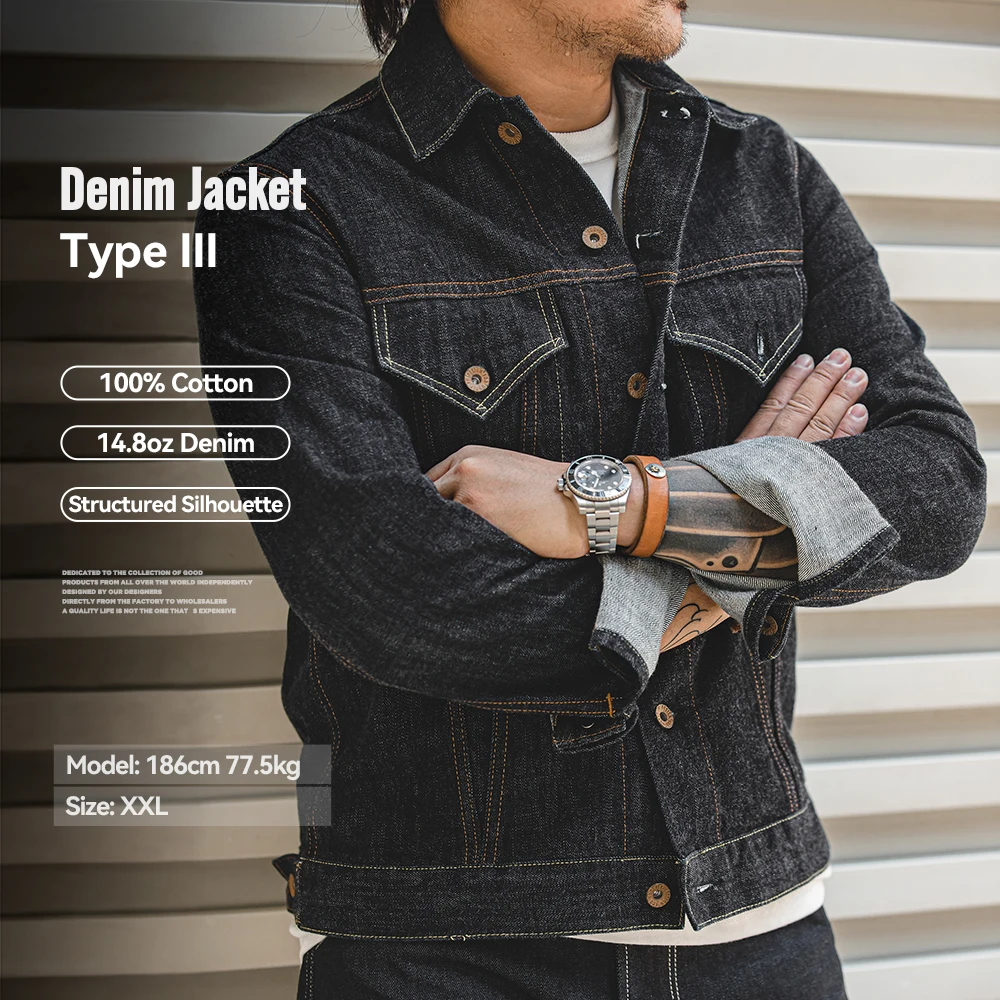 Maden Classic Giacca in denim lavato tipo III da 14,8 once Capispalla in denim di cotone slim fit vintage per top blu scuro primaverili e autunnali da uomo