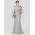 Argento grigio macchia madre della sposa abito o-collo 3/4 maniche cerniera pizzo Plus Size abiti da