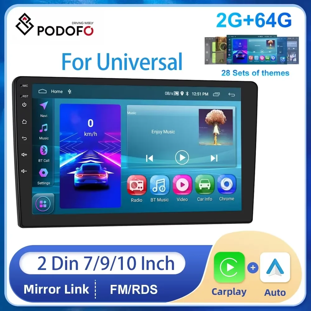Podofo 2din Android 2 + 64G autoradio 7 9 10 ''autoradio stereo GPS WIFI Bluetooth CarPlay per universale Toyota VW Nissan Honda