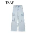 TRAF 2023 nuove donne moda Casual Lace up gamba larga Jeans larghi Offiice Lady con tasca pantaloni