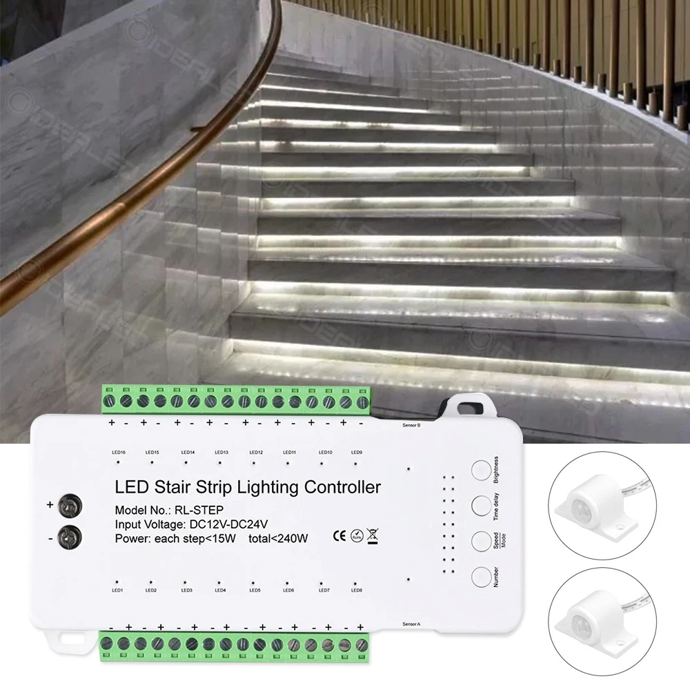 Controller LED per scale a 16 canali Sensore di movimento Striscia luminosa Dimmerabile per interni DC12V-24V Controller sensore intelligente per luce scale