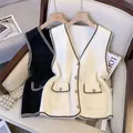 Cappotto senza maniche con scollo a V in lana con bottoni moda coreana autunno inverno oversize da donna Gilet cardigan morbido patchwork tutto-fiammifero