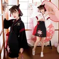 Abito giapponese Kimono donna nero bianco gatto ricamo gonne abbigliamento asiatico Vintage Yukata