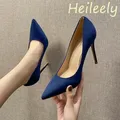 6cm moda nuovo sottile tacco alto floccato scarpe a punta banchetto scarpe blu per le donne 39 40 41