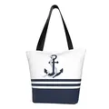 Kawaii Print Nautical Blue Anchors Stripes Tote Shopping Bag borsa a tracolla portatile in tela