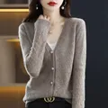 100% pura lana donna Cashmere maglione scollo a v moda Cardigan vuoto autunno inverno Casual maglia