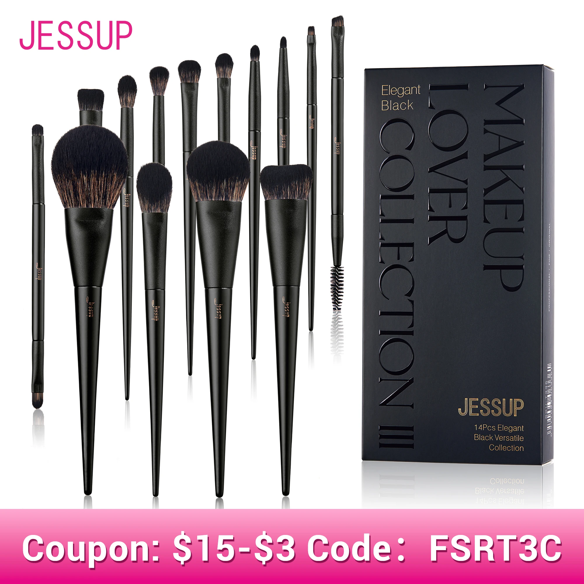 Jessup Set di pennelli per trucco, 10-14 pezzi Pennello per trucco Contorno Fondotinta in polvere Ombretto Evidenzia Miscelazione Correttore Liner T336