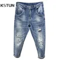 Ripped Jeans Men Light Blue Stretch Harem Pants Men's Cropped Trousers Ankle-Length Distressed