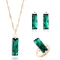 New Women Jewelry Set Gold Color Lovely Charm Green Gem Rectangle Earring Necklace Ring 3 Pcs