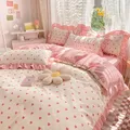 Ins Pink Princess Lace Love Heart Duvet Cover Pillowcase and Bed Skirt Sheet for Girls Bedding Linen