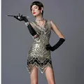 1920s Women's Sequin Triangle Hem Dress Sleeveless Gold Thread Embroidery Tassel Gatsby Party Dress