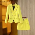 High Street Spring Summer Chic Designing Fresh Yellow Blazer Skirt Suit Two Pieces Sets with Blet