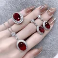 Luxury 925 Silver Red Zircon Geometry Necklace Earrings Ring 3 Pieces Set Banquet Wedding