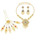Fashion India Thai Jewelry Set Gold Plated Large Leaf Hair Fork Hairpin Square Hollow Crystal Flower