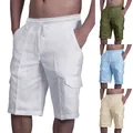 2023 White Cotton Linen Shorts Men Summer Casual Multi-Pocket Sport Shorts Mens Fashion Elastic