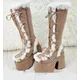 Boots Woman Winter 2023 Knee-High Platform Flock 12CM Square High Heels Faux Fur Round Toe Lace Up