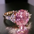 Big Oval Stone Pink Zircon Ring Female Luxury Crystal Engagement Rings For Women Vintage Rose Gold