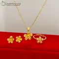 Gold Color Jewelry Sets for Women Flower Stud Earrings Necklace Ring 3pcs Set Trendy Jewelry