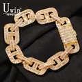 Uwin Baguette CZ Bracelets Miami 15mm Cuban Link Mens Bangles Iced Out Gold Silver Color Luxury Box