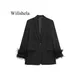 Willshela Women Fashion Satin Black With Feather Blazer Jacket Vintage Notched Neck Single Button
