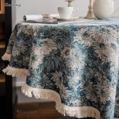 Gerring Tablecloth Wedding Table American Blue Oil Painting Jacquard Christmas Round Coffee Table Cover Thick Table Cloth