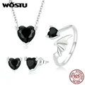 WOSTU 925 Sterling Silver Cool Black Jewelry Set Devil Heart CZ Stud Earrings Rings Necklace for